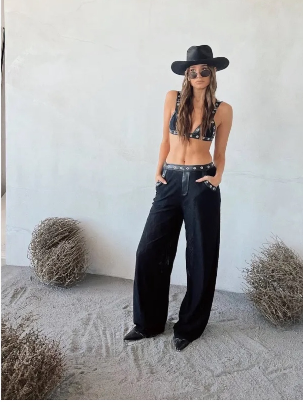WeWoreWhat Black Wide-Leg Pants with Studded Waistband